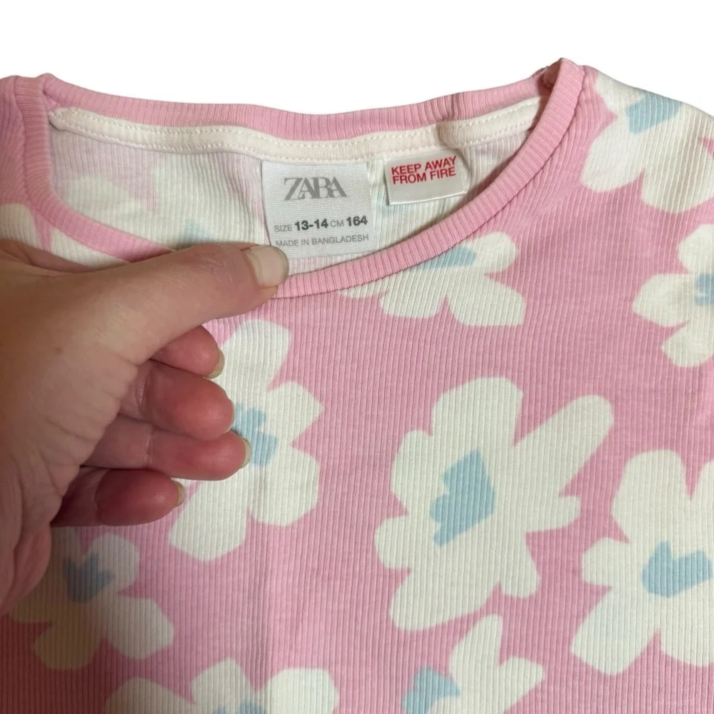 ZARA Girls Floral Pajama Set Pink Ribbed 2-Piece Short Sleeve Size 13-14